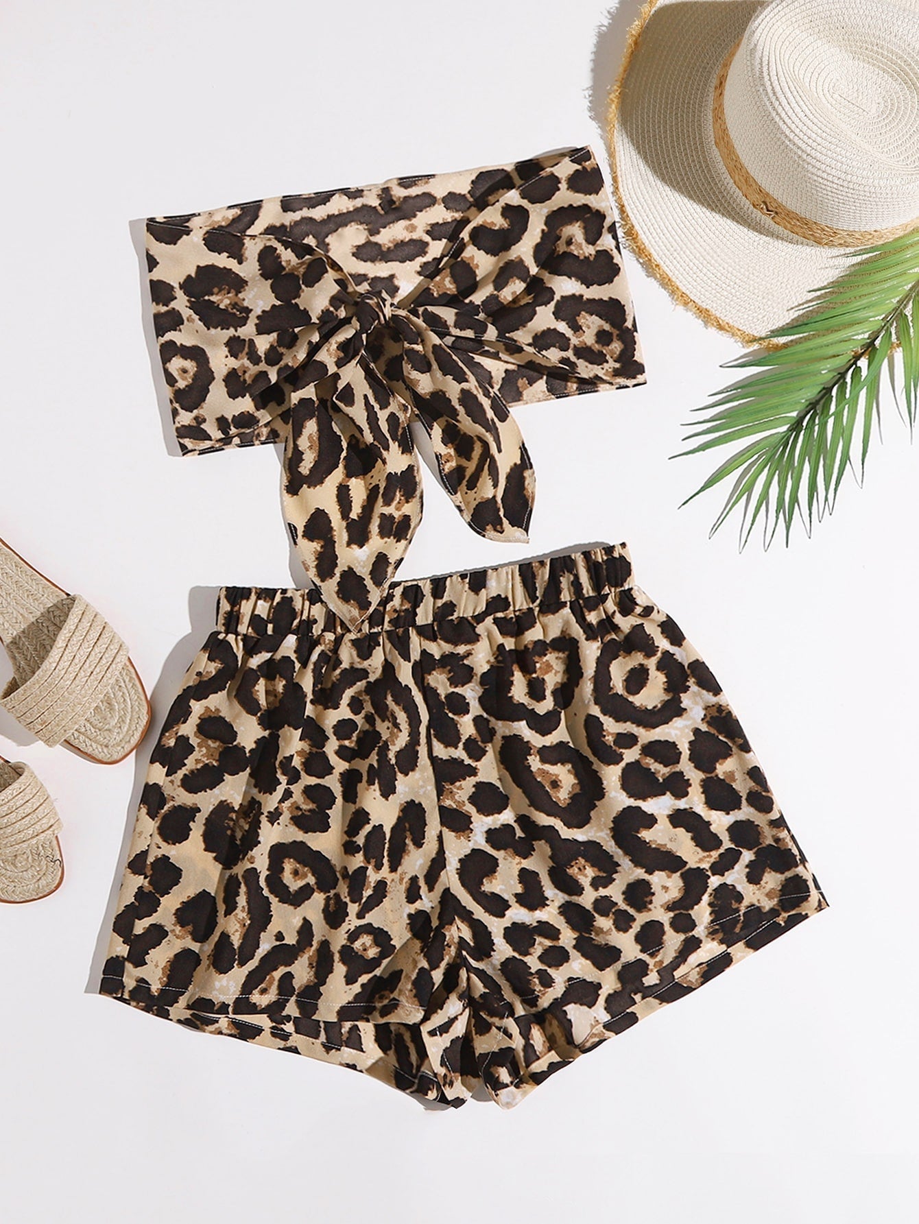 Tube Top mit Band vorne und Leopard Muster & Shorts Set